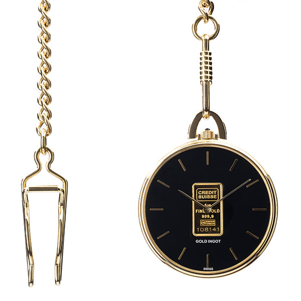 Andre Giroud gold tone pocket watch with 1.0 gram Credit Suisse ingot - NBI Enterprise